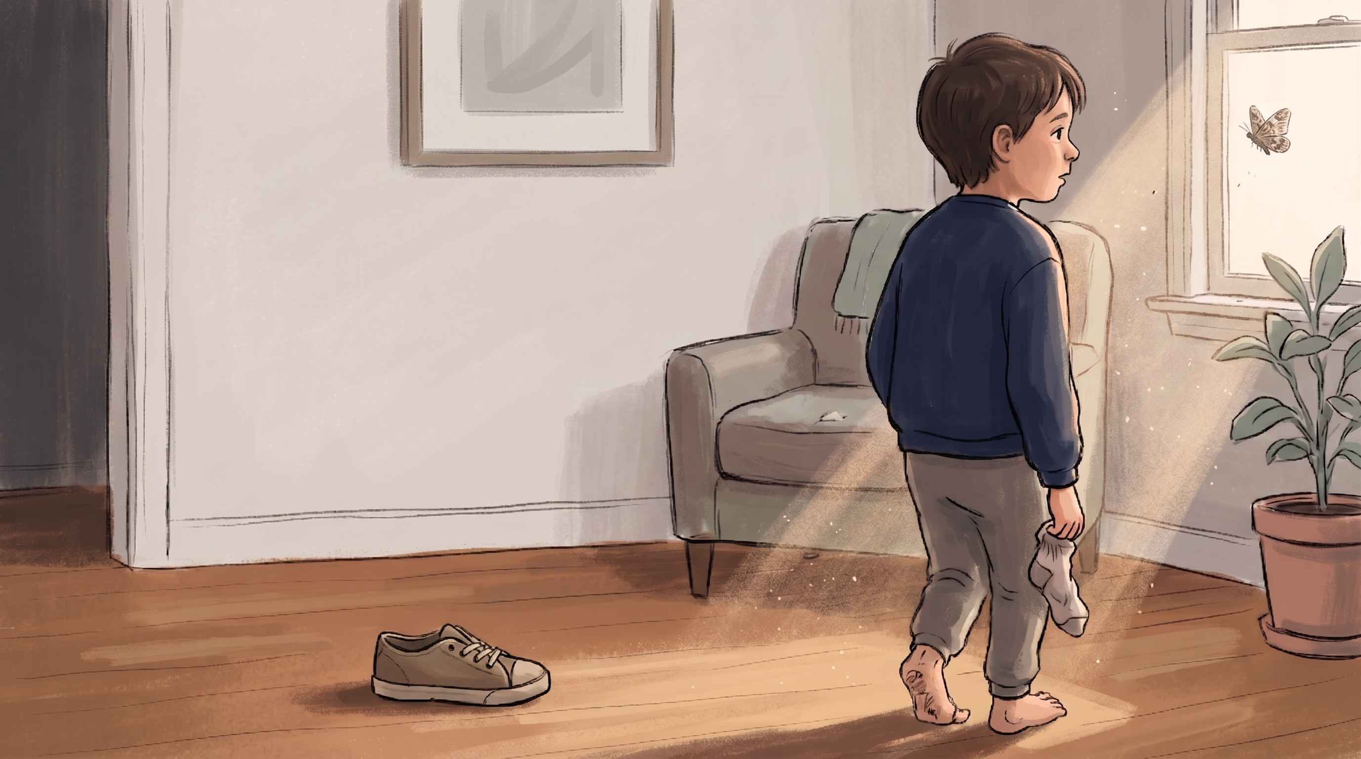 An illustrated child standing in a sunbeam by a window, distracted and holding a single sock, with one shoe on the floor nearby.