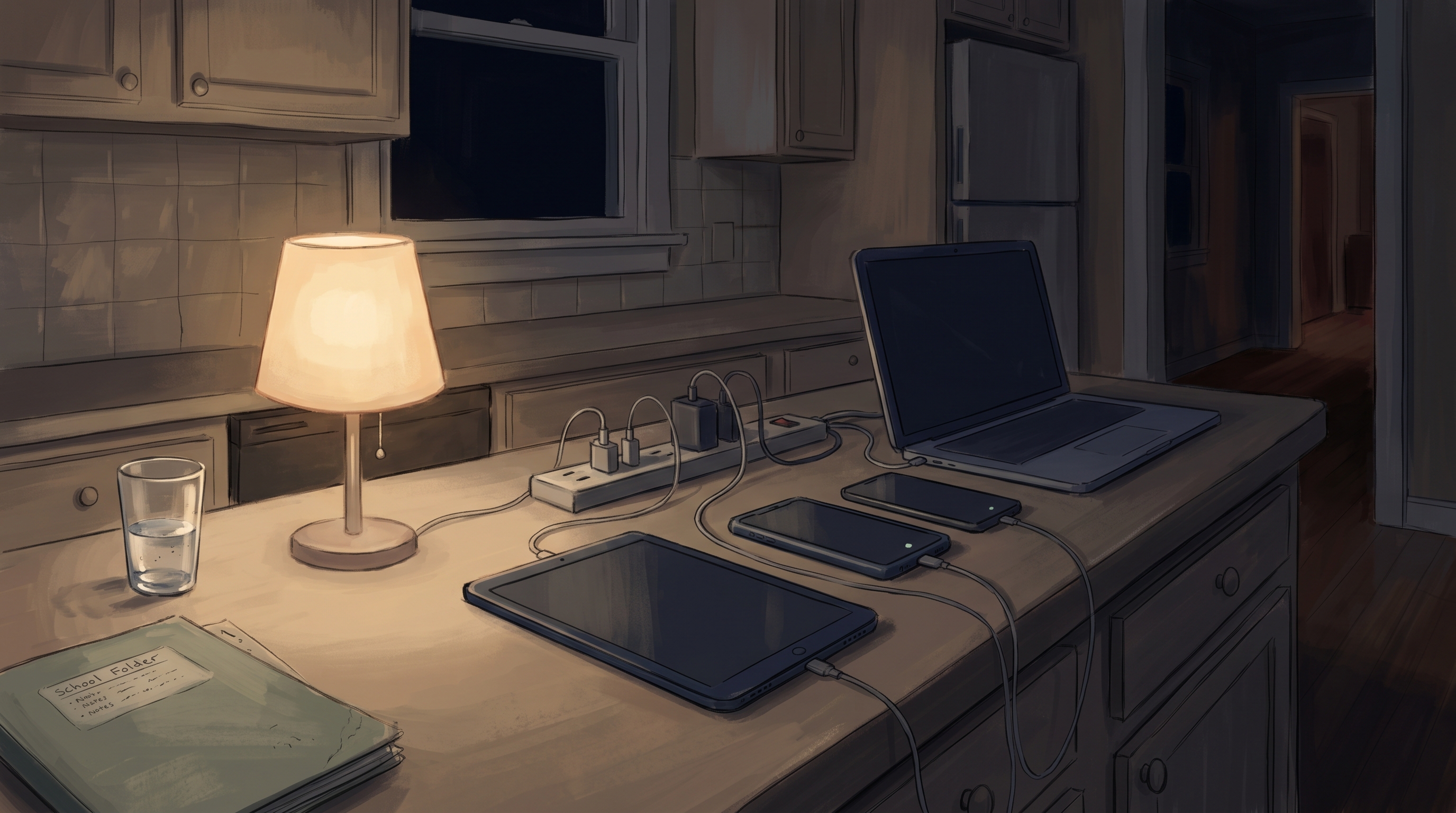 An illustrated kitchen counter at night, with several family devices charging in a row beside a softly lit lamp, a glass of water, and a school folder.