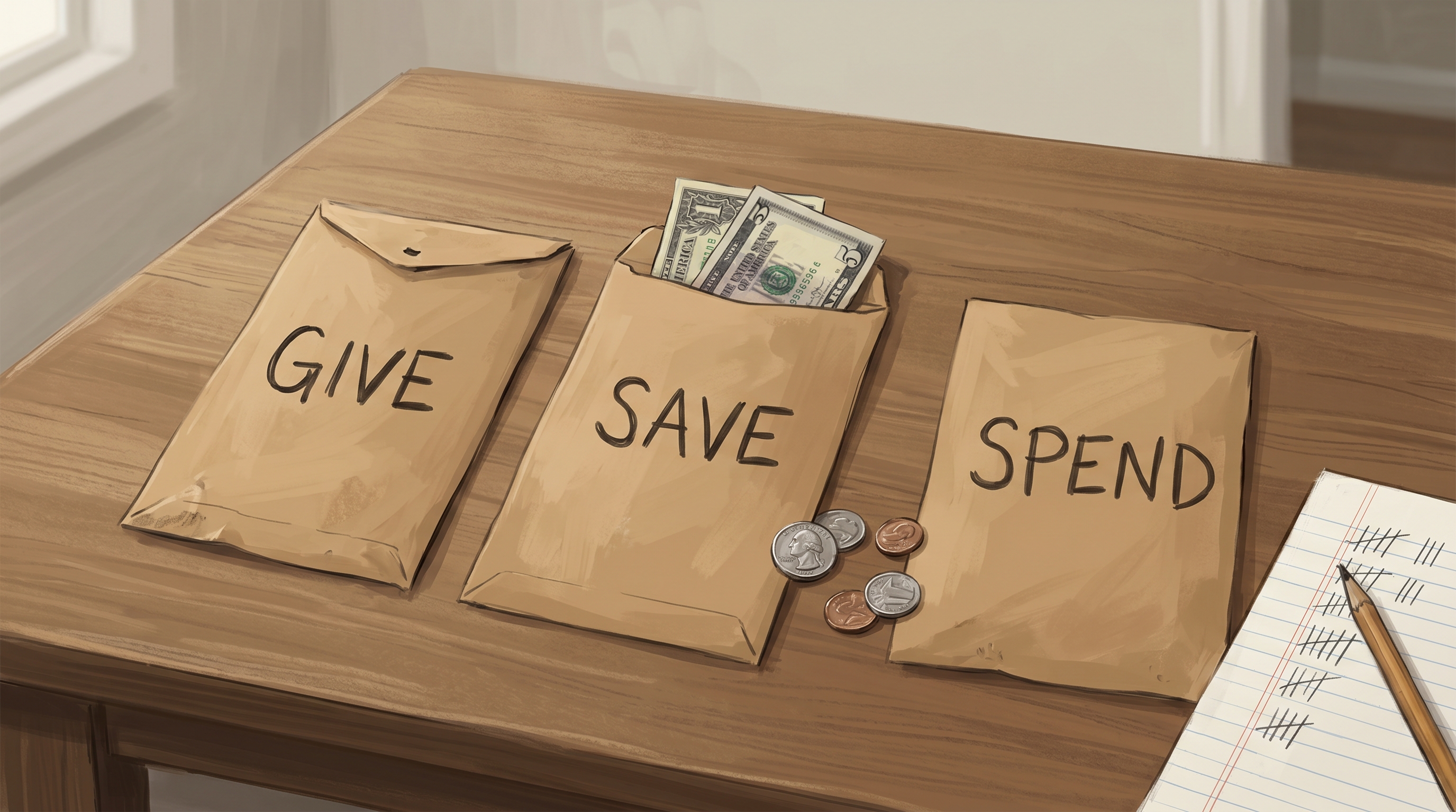 An illustrated kitchen table with three plain envelopes labeled GIVE, SAVE, and SPEND in a kid’s handwriting, alongside a few dollar bills, coins, and a notebook page.